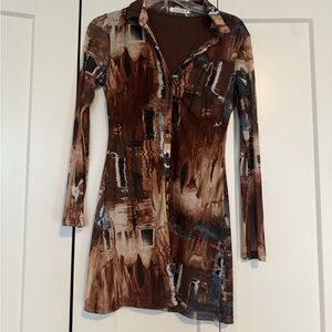 Abstract Brown Long Sleeve Dress